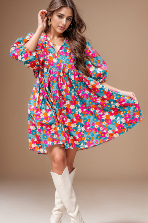 Hazel Blues® |  Floral Tie Neck Puff Sleeve Mini Dress