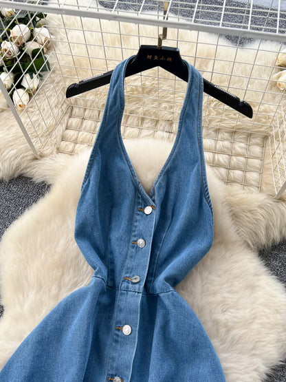 Hazel Blues® |  Halter Neck Button-Down Denim Dress