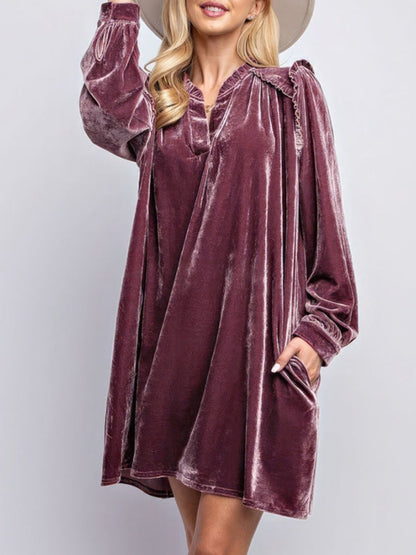 Hazel Blues® |  Frill Notched Long Sleeve Dress with Pockets