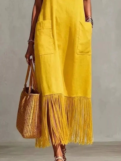 Hazel Blues® | Fringe V-Neck Spaghetti Strap Dress