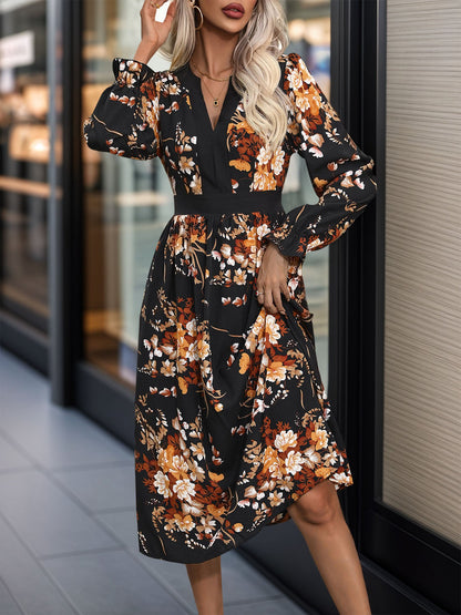 Hazel Blues® |  Printed Notched Long Sleeve Midi Dress
