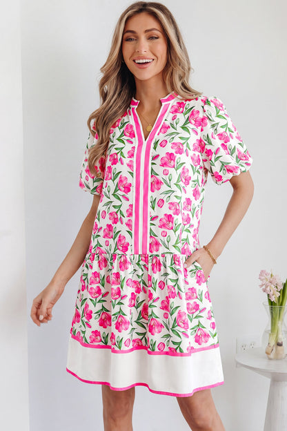 Hazel Blues® |  Multicolour Sweet Floral Print Striped Color Block Trim Short Dress
