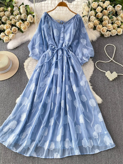 Hazel Blues® |  Button Front Puff Sleeve Chiffon Dress