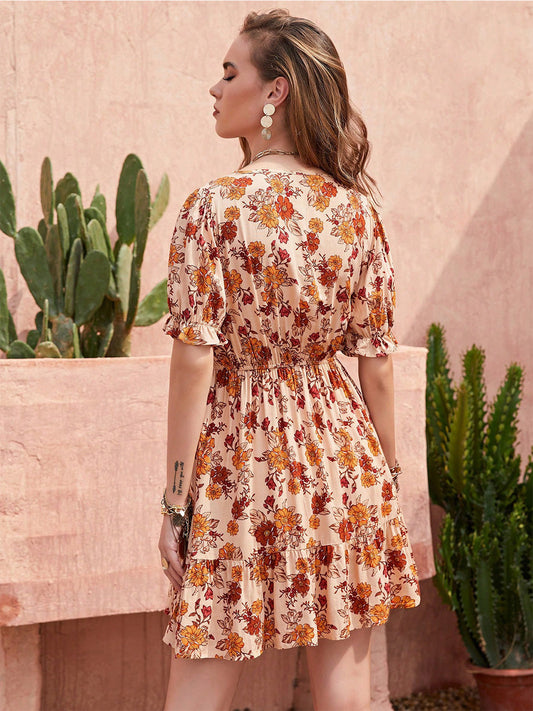 Hazel Blues® |  Floral V-Neck Flounce Sleeve Ruffle Hem Dress