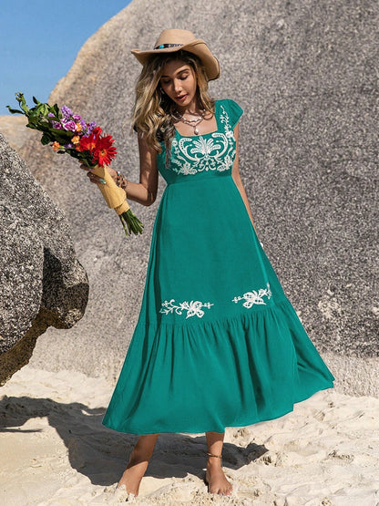 Hazel Blues® |  Embroidered Square Neck Cap Sleeve Dress