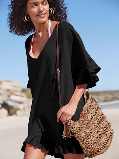Hazel Blues® |  Ruffled Trim V-Neck Cover-Up Dress