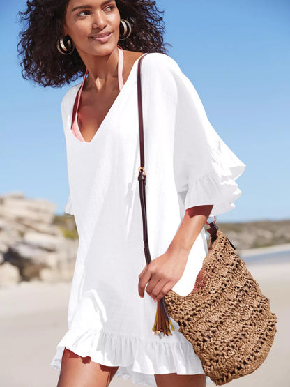 Hazel Blues® |  Ruffled Trim V-Neck Cover-Up Dress