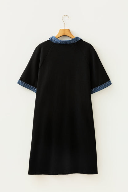 Hazel Blues® | Black Colorblock Denim Collar Short Sleeve Shift Dress