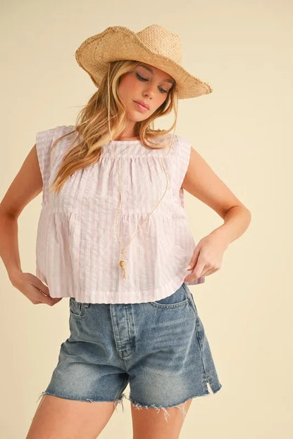 Hazel Blues® |  Aemi+Co Ruched Striped Round Neck Sleeveless Top