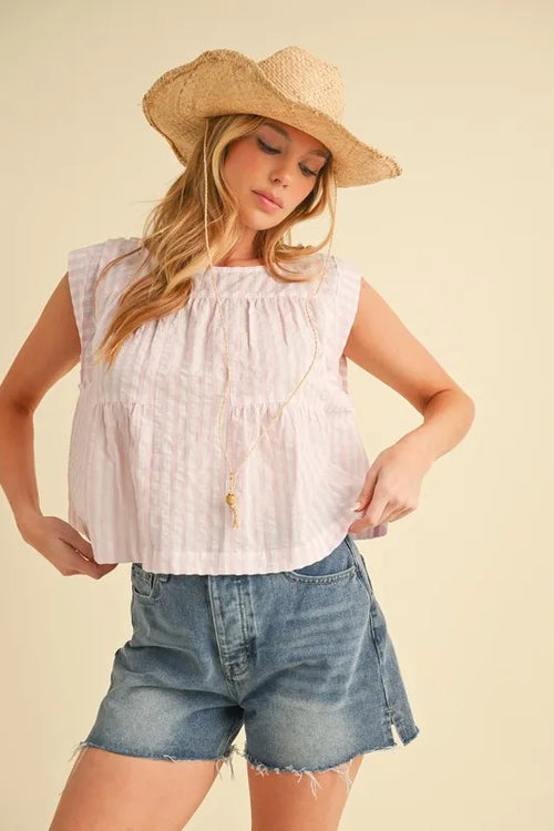 Hazel Blues® |  Aemi+Co Ruched Striped Round Neck Sleeveless Top