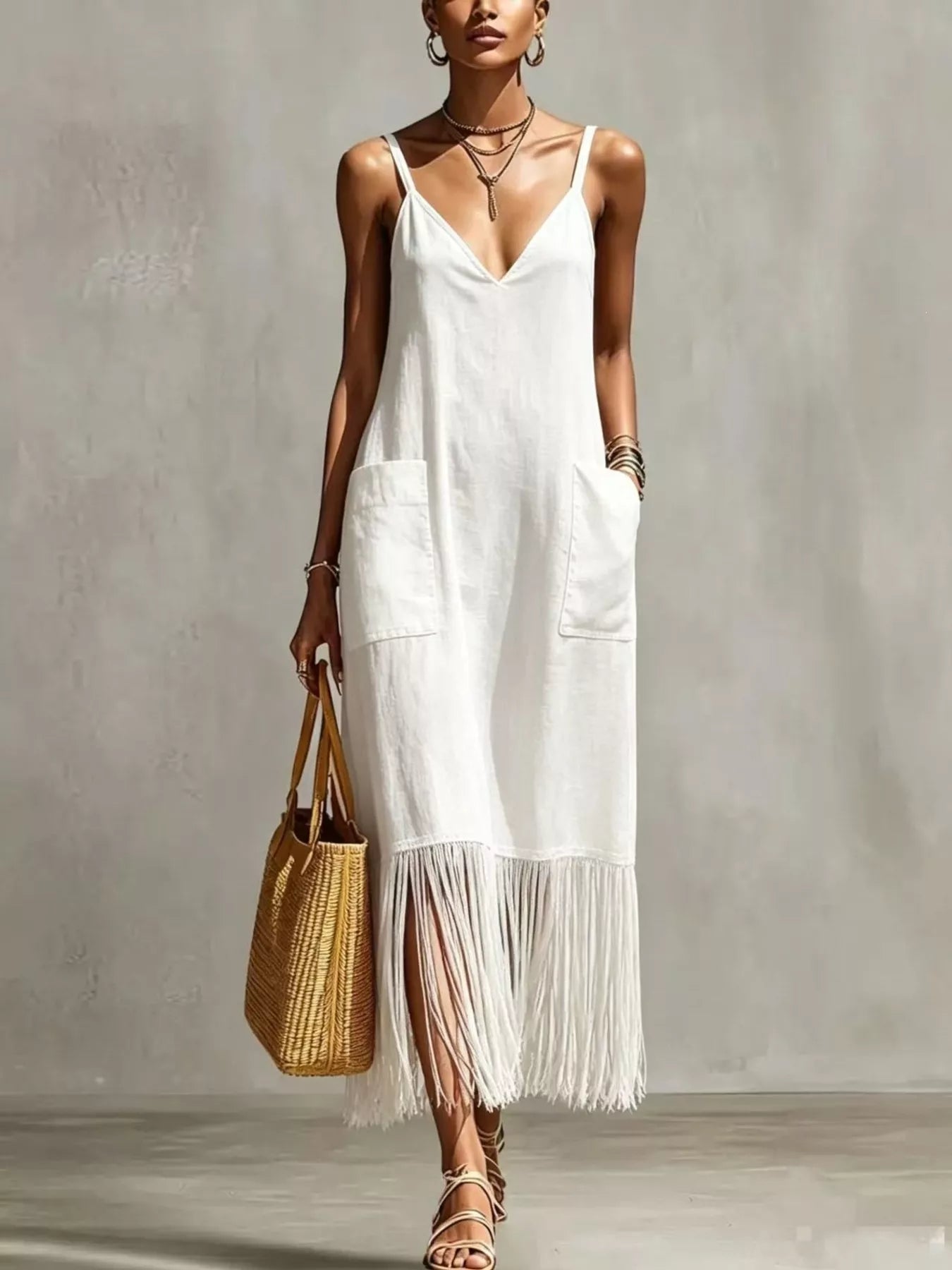Hazel Blues® | Fringe V-Neck Spaghetti Strap Dress