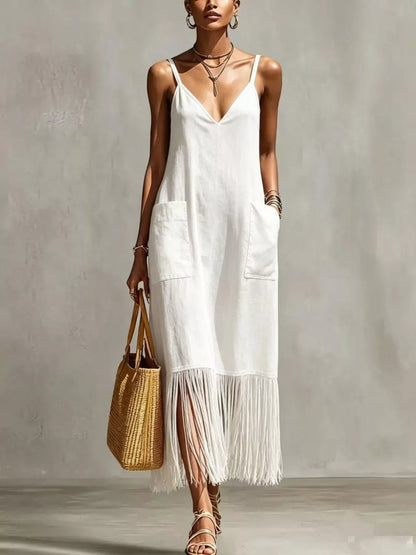 Hazel Blues® | Fringe V-Neck Spaghetti Strap Dress