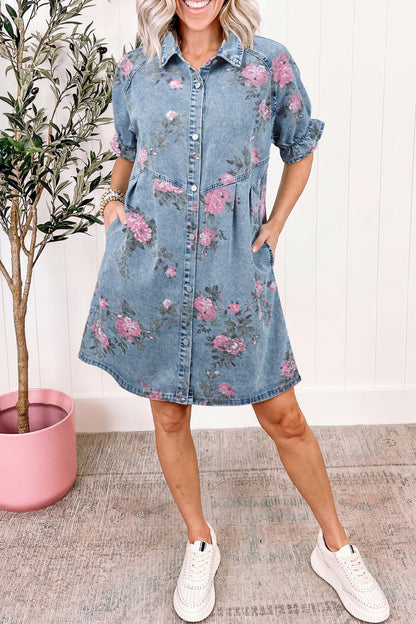 Hazel Blues® |  Sky Blue Floral Print Denim Short Sleeve Button Down Dress