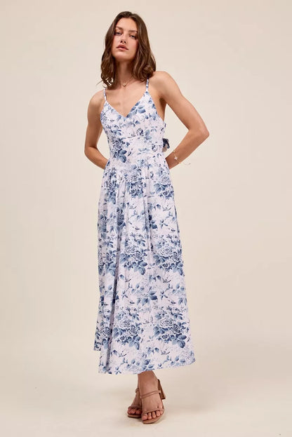 Hazel Blues® |  SO ME Floral Woven V Neck Dress With Back Ribbon Tie