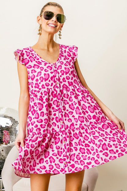 Hazel Blues® |  BiBi Leopard Cap Sleeve Tiered Mini Dress
