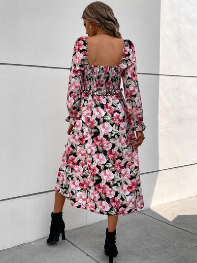 Hazel Blues® |  Slit Smocked Floral Flounce Sleeve Dress