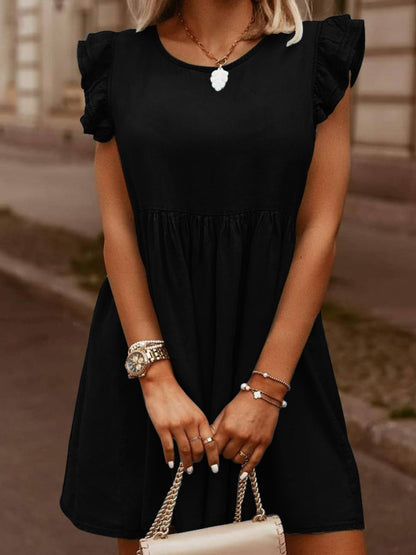 Hazel Blues® |  Ruffled Round Neck Cap Sleeve Denim Dress