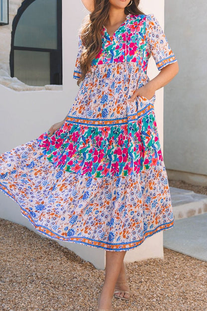 Hazel Blues® |  Mixed Floral Print Tie Neck Short Sleeve Dress