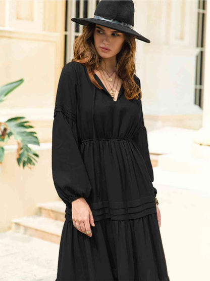 Hazel Blues® |  Tie Neck Long Sleeve Midi Tiered Dress