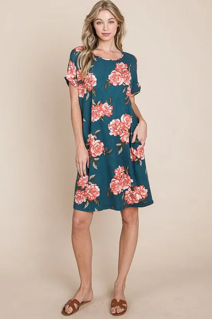 Hazel Blues® |  BOMBOM Floral Round Neck Short Tee Dress with Pockets