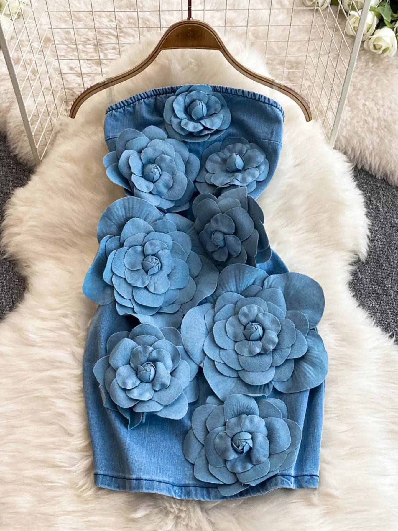 Hazel Blues® |  Floral Applique Strapless Denim Dress