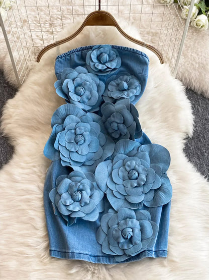 Hazel Blues® |  Floral Applique Strapless Denim Dress