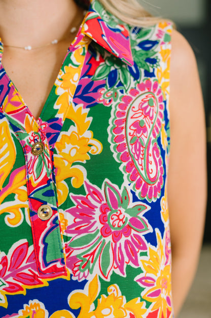 Hazel Blues® |  Coral Sands Collared Tank Dress in Floral Paisley
