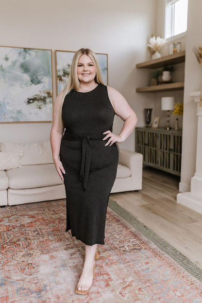 Hazel Blues® |  Out on the Town Tie Detail Midi Dress in Charcoal