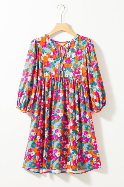 Hazel Blues® |  Floral Tie Neck Puff Sleeve Mini Dress