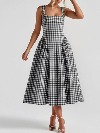 Hazel Blues® | Plaid Square Neckline Midi Dress