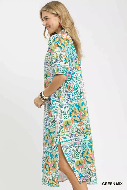 Hazel Blues® |  Umgee Folk Print Midi Dress with Side Pockets