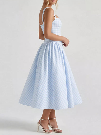 Hazel Blues® | Plaid Square Neckline Midi Dress