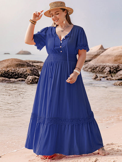 Hazel Blues® | Lace Detail Tie Neck Short Sleeve Maxi Dress