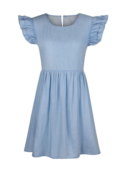 Hazel Blues® |  Ruffled Round Neck Cap Sleeve Denim Dress