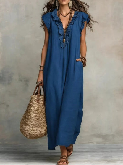 Hazel Blues® | Ruffled V-Neck Cap Sleeve Maxi Dress