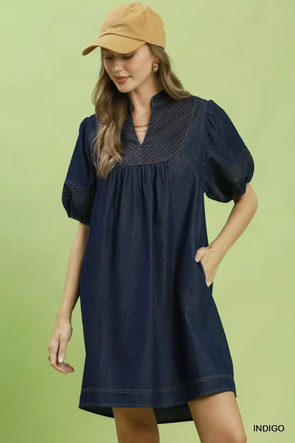 Hazel Blues® |  Umgee Notched Puff Sleeve Mini Dress with Pockets