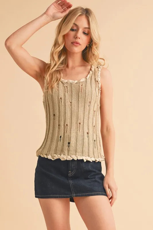 Hazel Blues® |  Aemi+Co Distressed Detail Round Neck Knit Tank