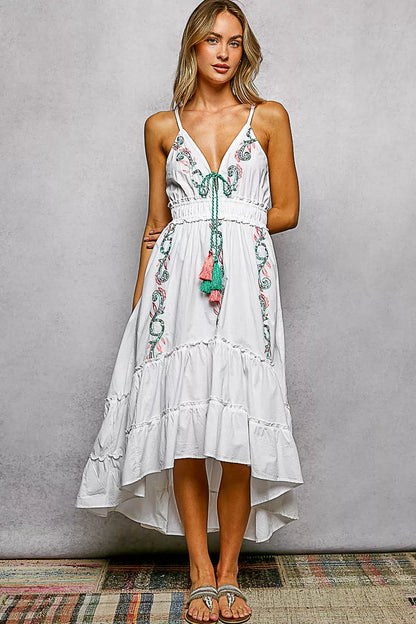 Hazel Blues® |  POL Embroidered Detail Tassel Tie Smocked Waist Midi Tiered Cami Dress