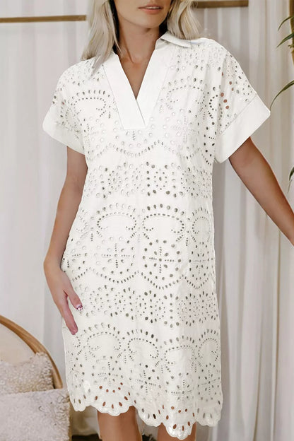 Hazel Blues® |  Solid Color Eyelet Embroidered T Shirt Mini Dress