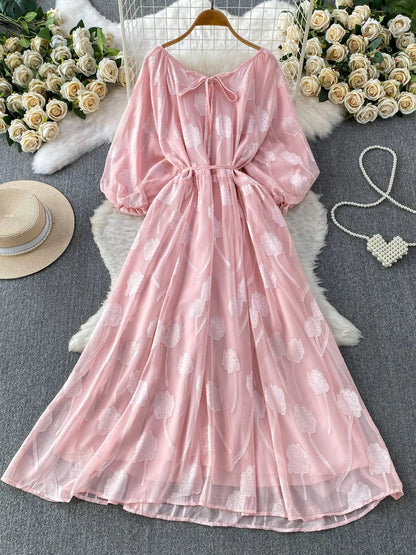 Hazel Blues® |  Button Front Puff Sleeve Chiffon Dress