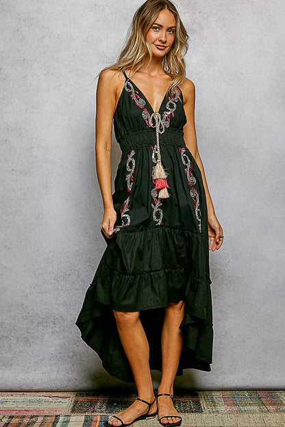Hazel Blues® |  POL Embroidered Detail Tassel Tie Smocked Waist Midi Tiered Cami Dress