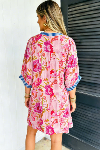 Hazel Blues® |  Multicolour Floral Striped Patchwork Trim Half Sleeve Mini Dress