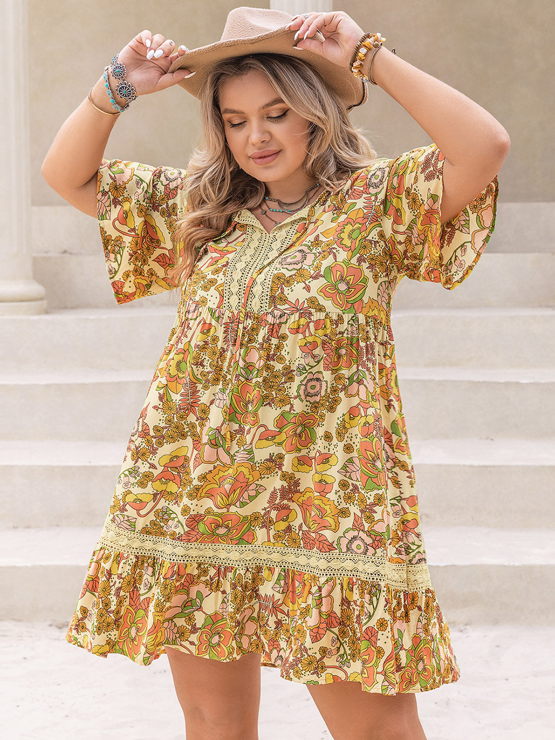 Hazel Blues® | Printed Tie Neck Short Sleeve Mini Dress