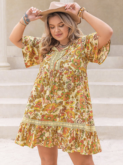 Hazel Blues® | Printed Tie Neck Short Sleeve Mini Dress