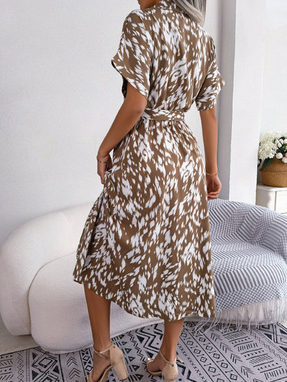 Hazel Blues® |  Printed Collared Neck Short Sleeve Tie Waist Dress