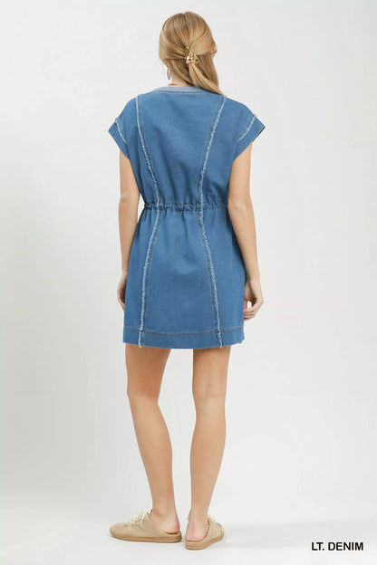Hazel Blues® |  Umgee Drawstring Waist Frayed Denim Mini Dress