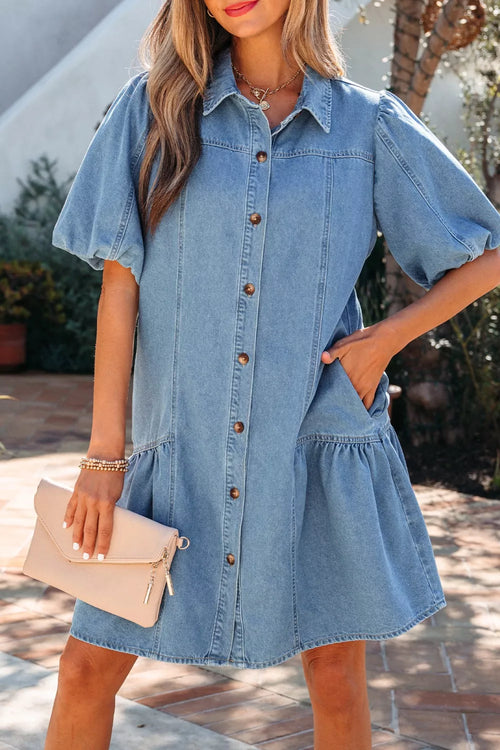 Hazel Blues® |  Button Down Short Puff Sleeve Ruffle Hem Denim Dress