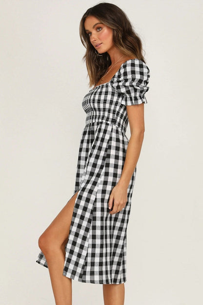 Hazel Blues® |  Slit Plaid Short Sleeve Midi Dress