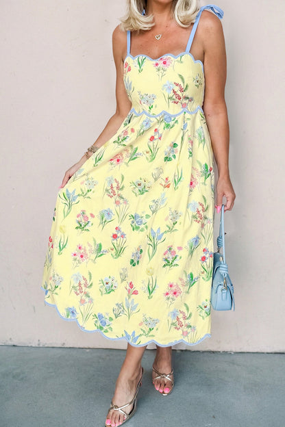 Hazel Blues® |  Yellow Floral Print Contrast Trim Self-tie Straps High Waist Midi Dress