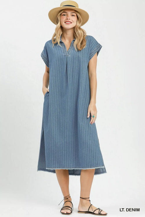 Hazel Blues® |  Umgee Pinstripe Denim Collared Midi Dress with Side Slits